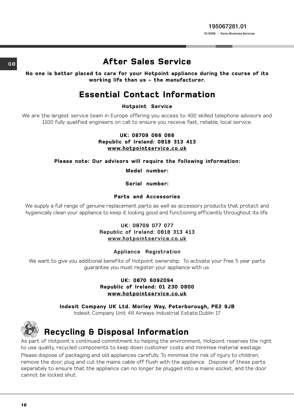 After sales service, Essential contact information, Recycling & disposal information | Hotpoint AQGMD149 User Manual | Page 16 / 16