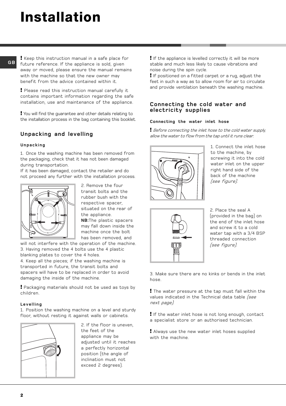 Installation | Hotpoint AQGMD149 User Manual | Page 2 / 16