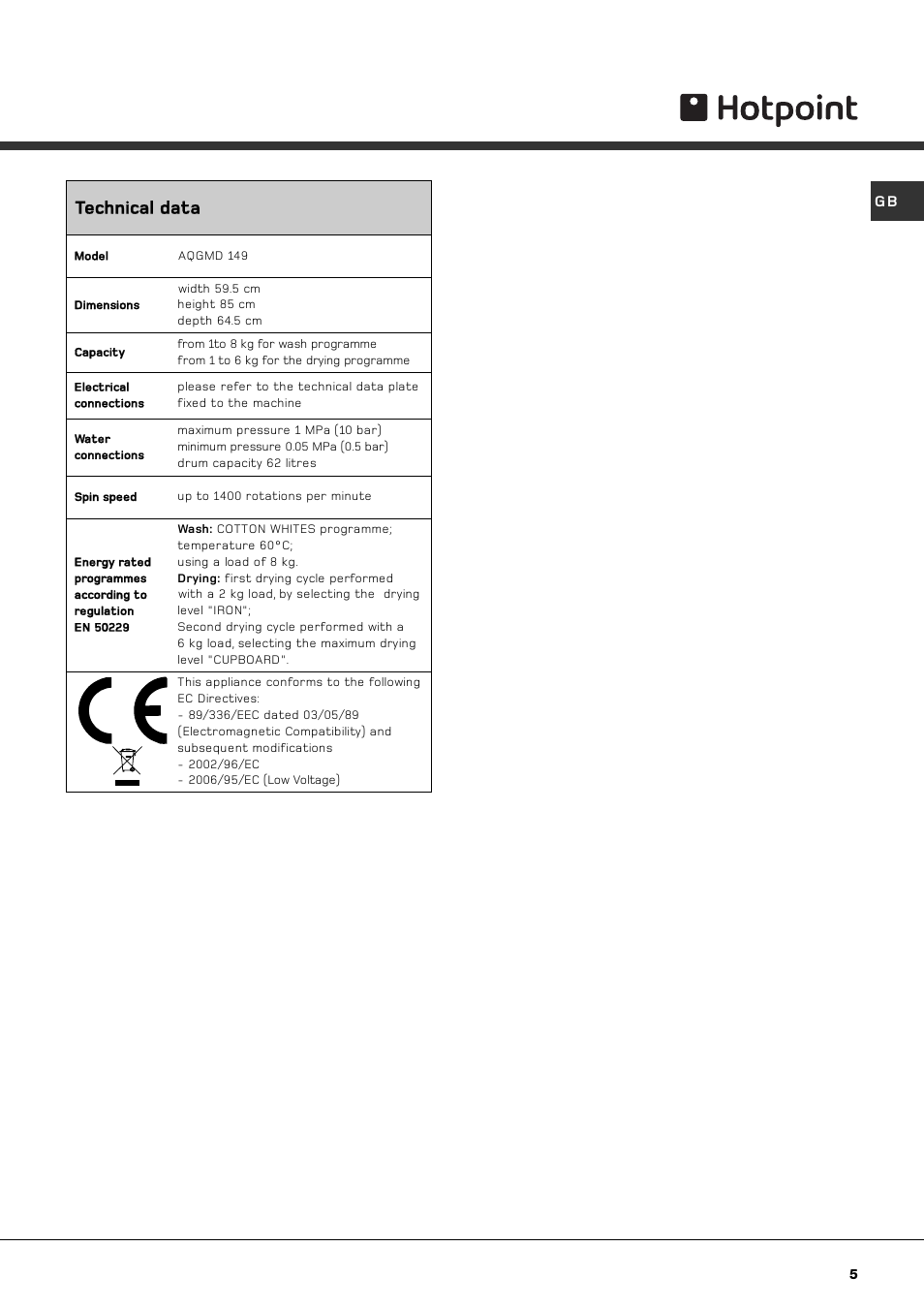 Technical data | Hotpoint AQGMD149 User Manual | Page 5 / 16