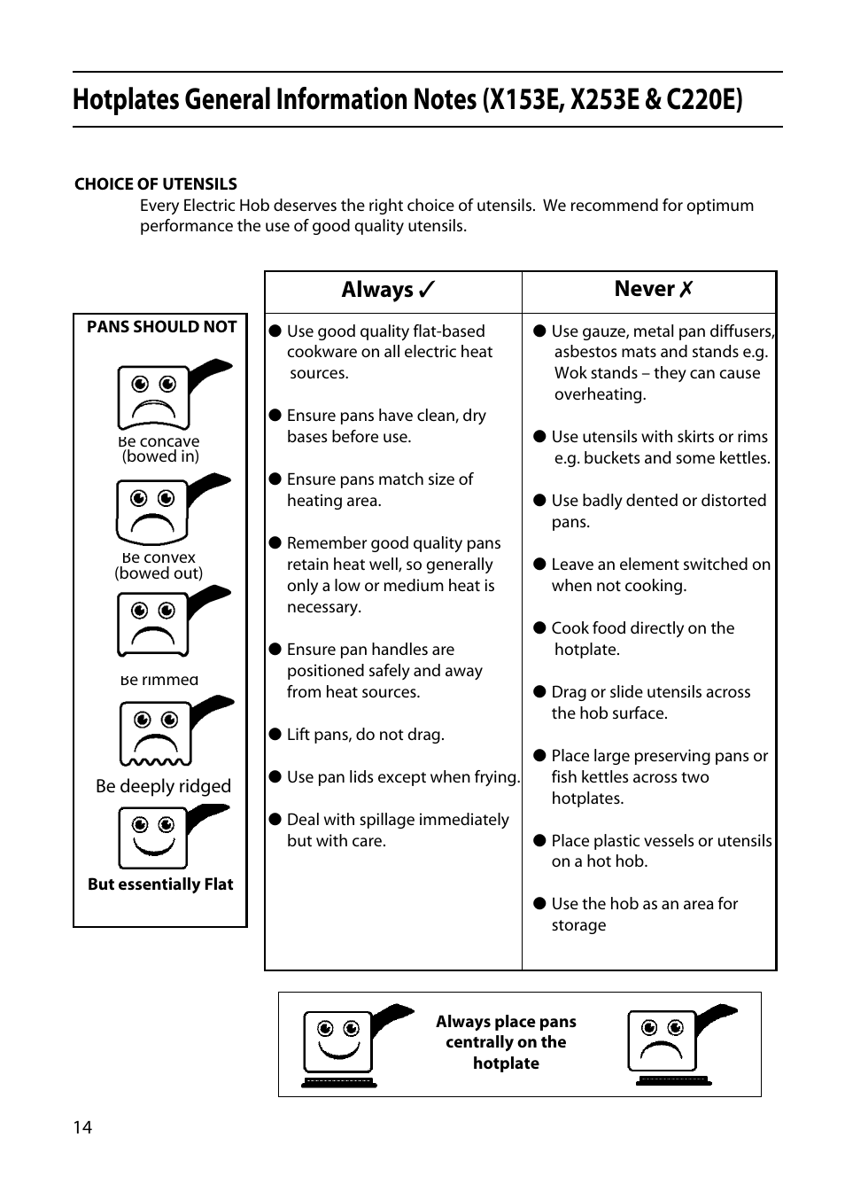 Always, Never | Hotpoint X153E User Manual | Page 14 / 40