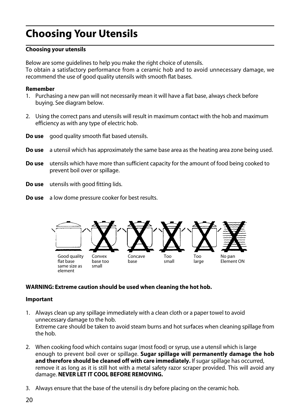 Choosing your utensils | Hotpoint X153E User Manual | Page 20 / 40