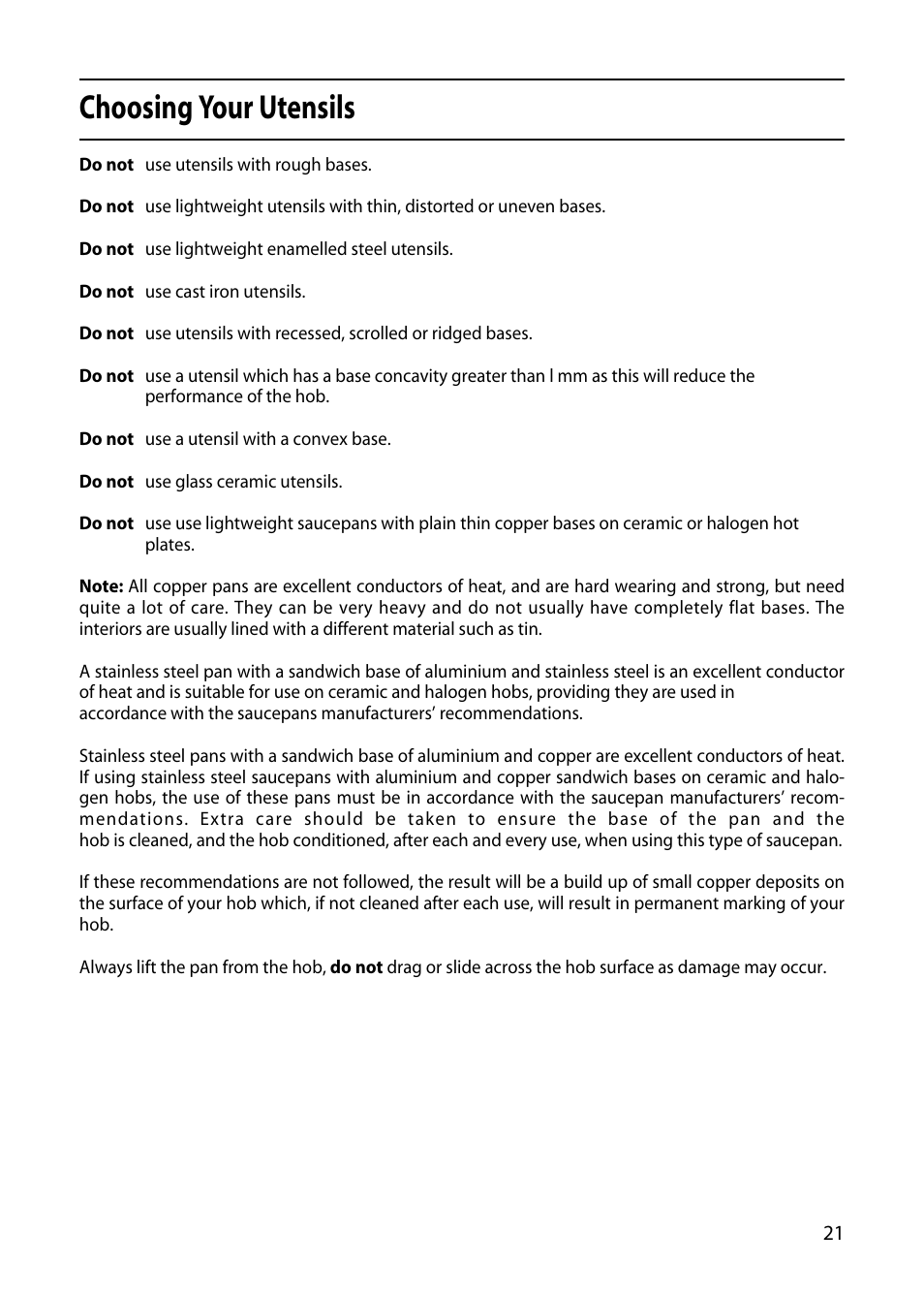 Choosing your utensils | Hotpoint X153E User Manual | Page 21 / 40