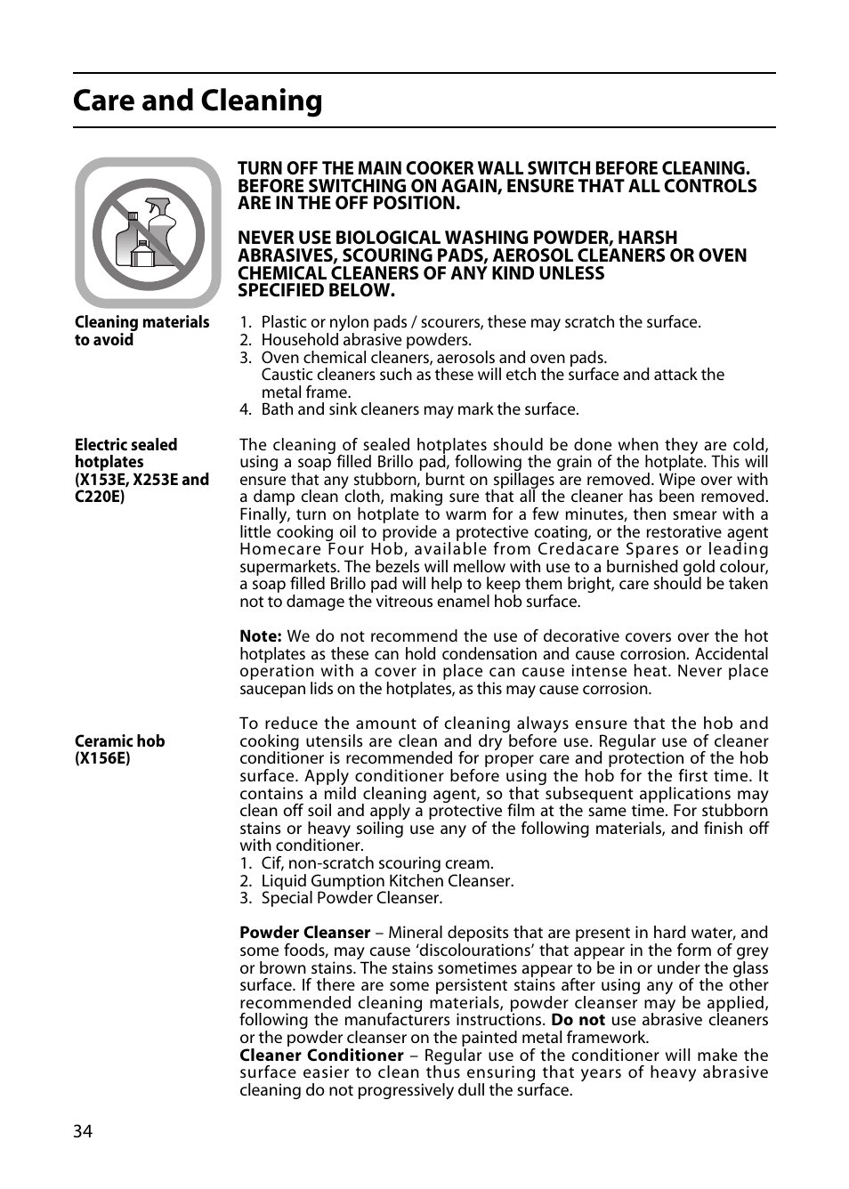 Care and cleaning | Hotpoint X153E User Manual | Page 34 / 40