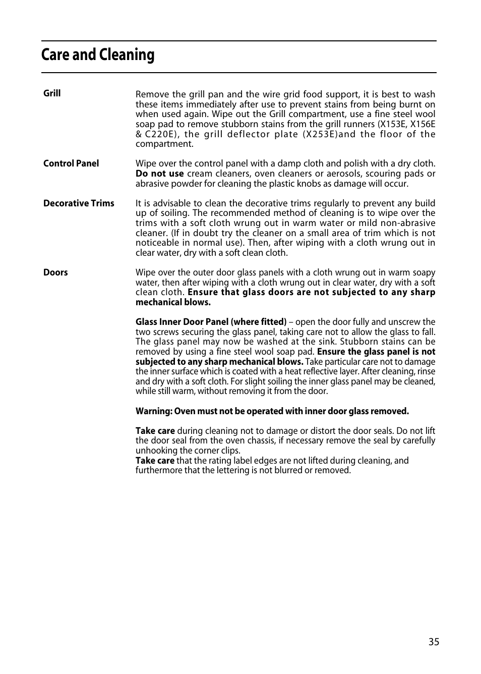 Care and cleaning | Hotpoint X153E User Manual | Page 35 / 40