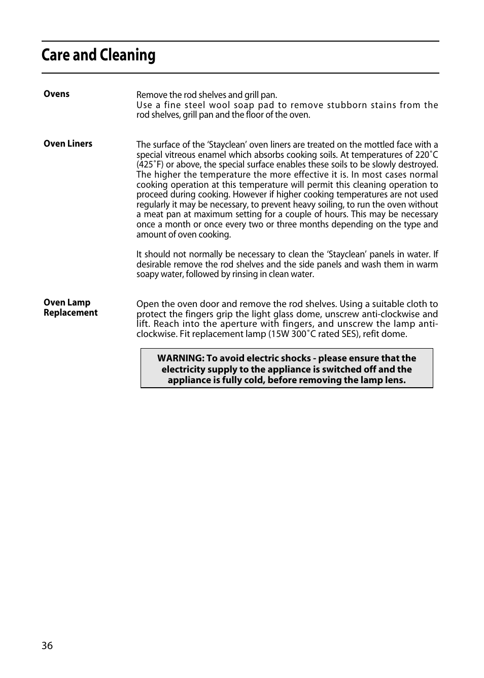 Care and cleaning | Hotpoint X153E User Manual | Page 36 / 40