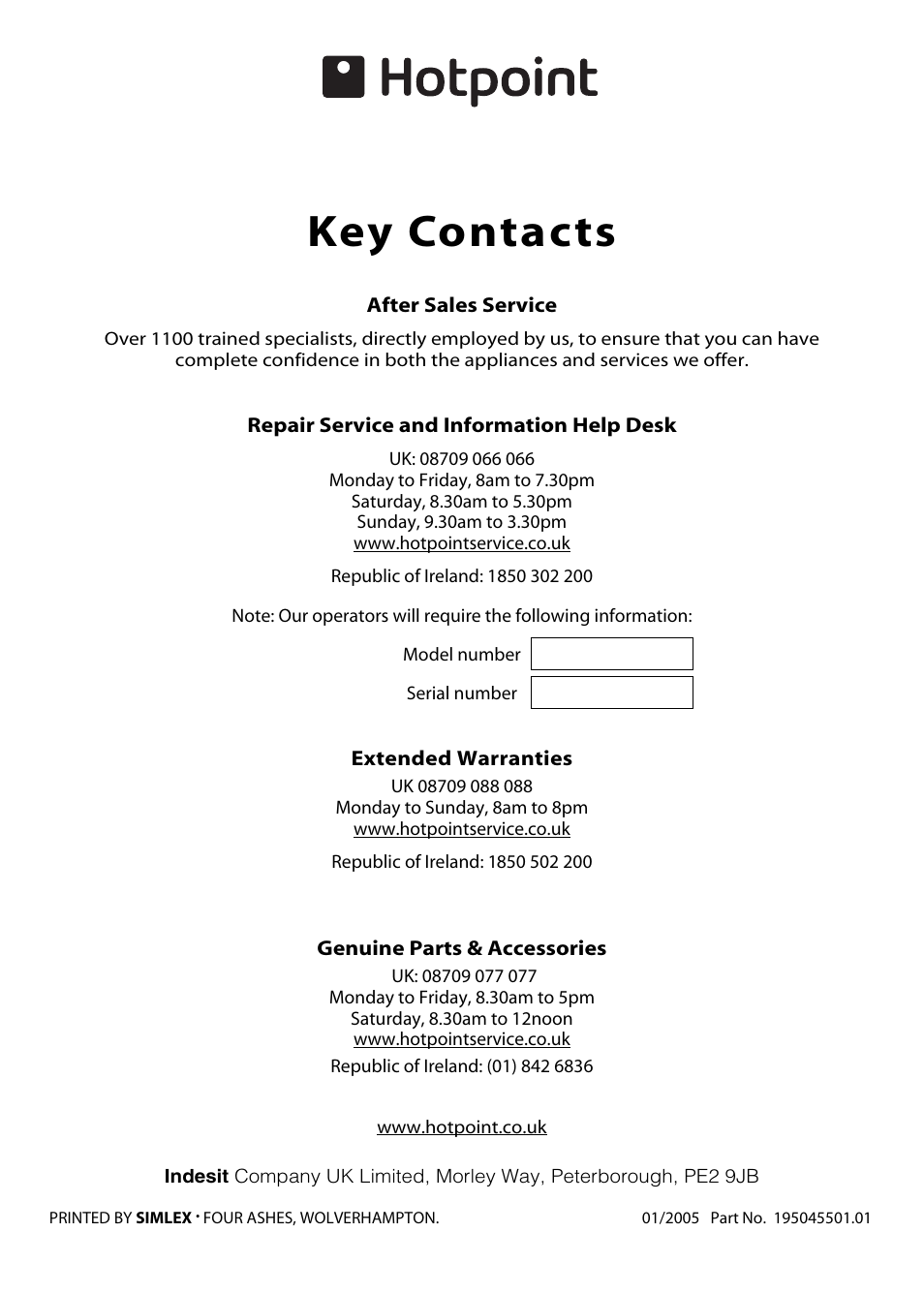 Key contacts | Hotpoint X153E User Manual | Page 40 / 40