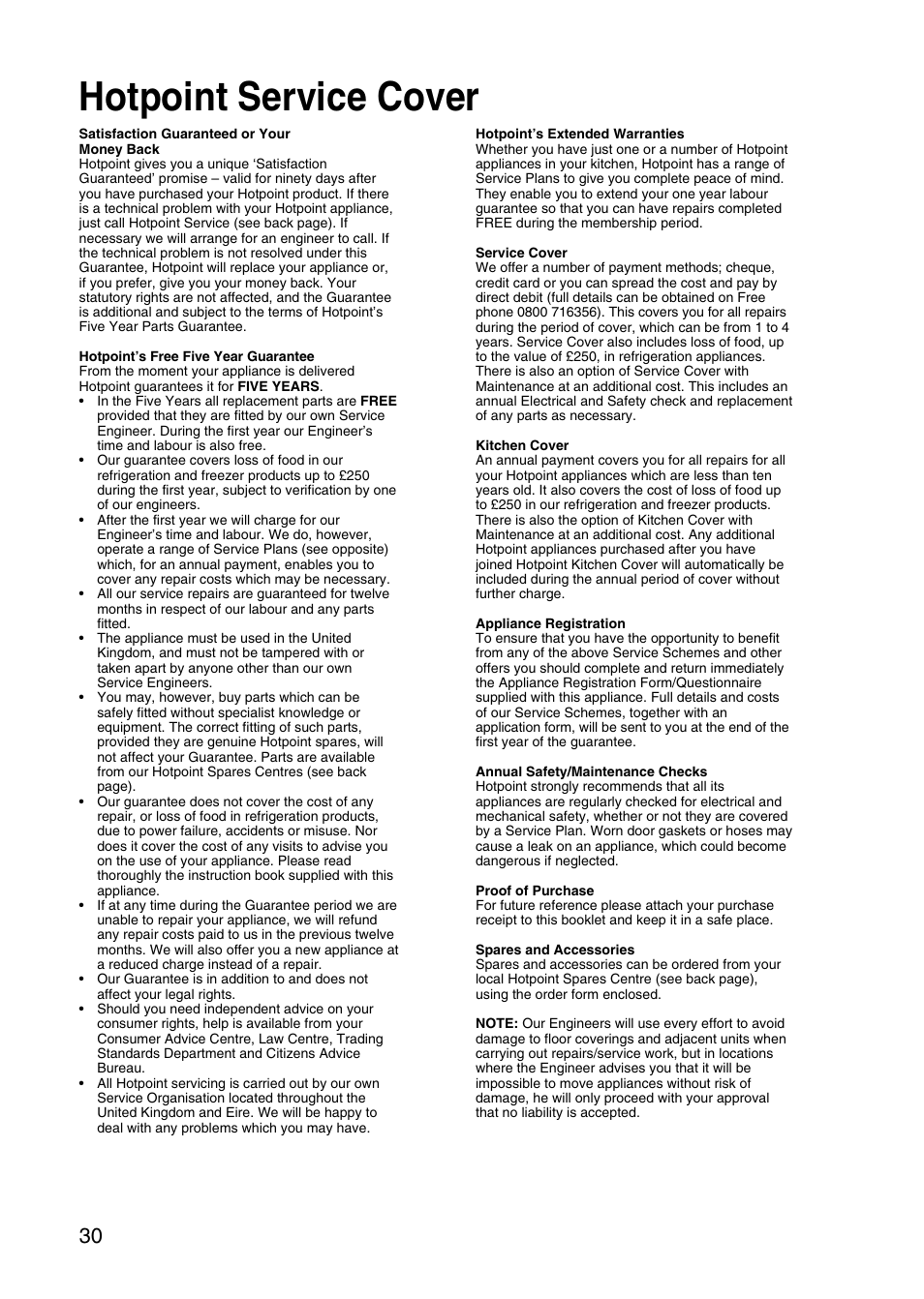 Hotpoint service cover | Hotpoint EW41 User Manual | Page 30 / 32