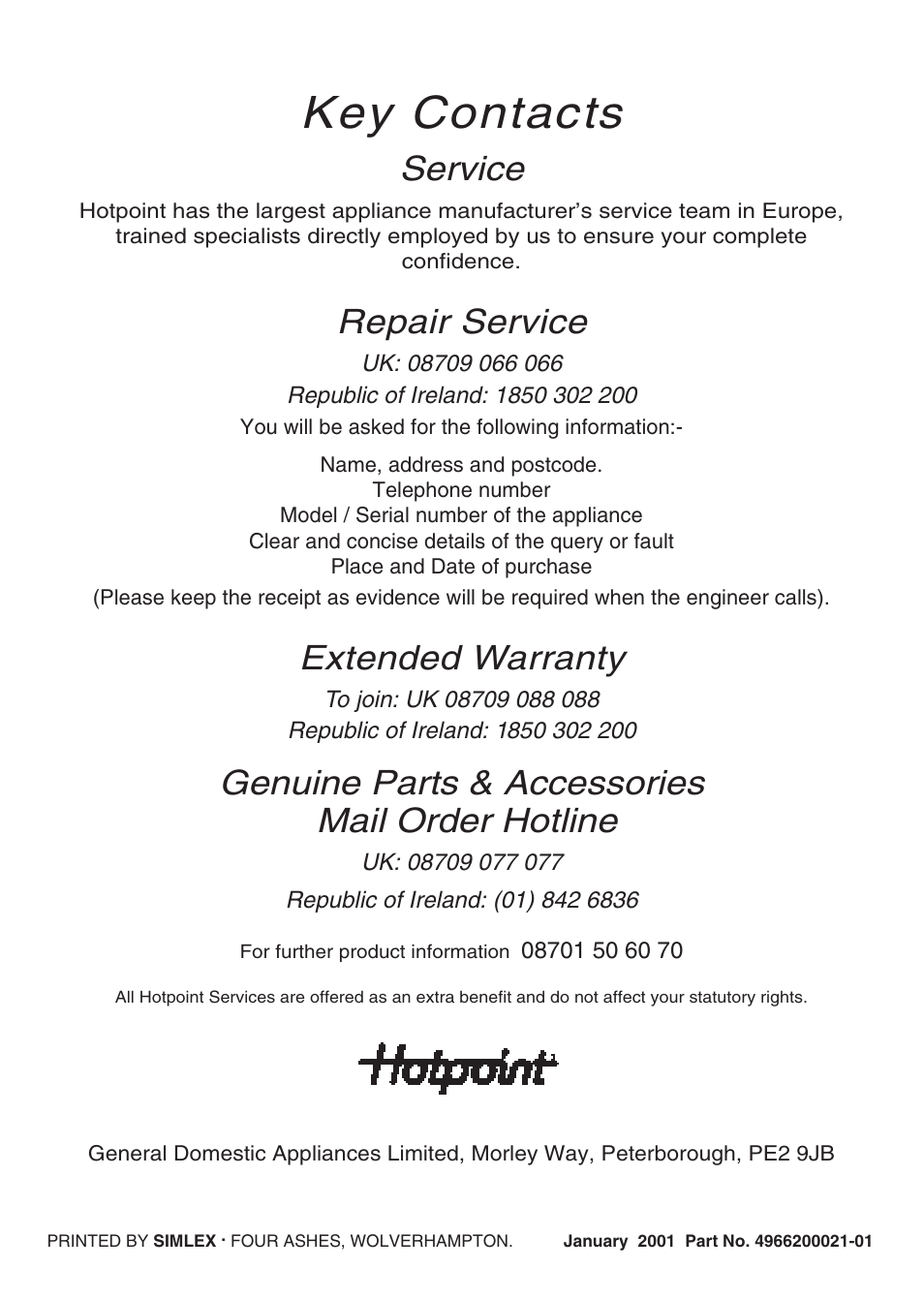 Key contacts, Service, Repair service | Extended warranty, Genuine parts & accessories mail order hotline | Hotpoint EW41 User Manual | Page 32 / 32
