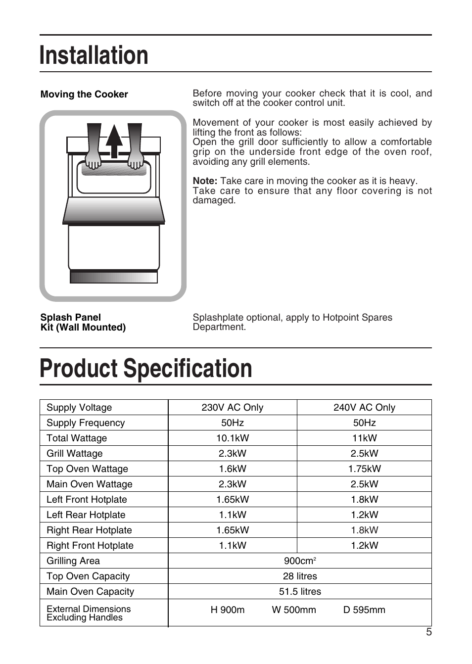 Installation product specification | Hotpoint EW41 User Manual | Page 5 / 32
