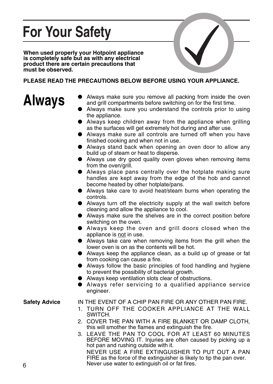For your safety, Always | Hotpoint EW41 User Manual | Page 6 / 32