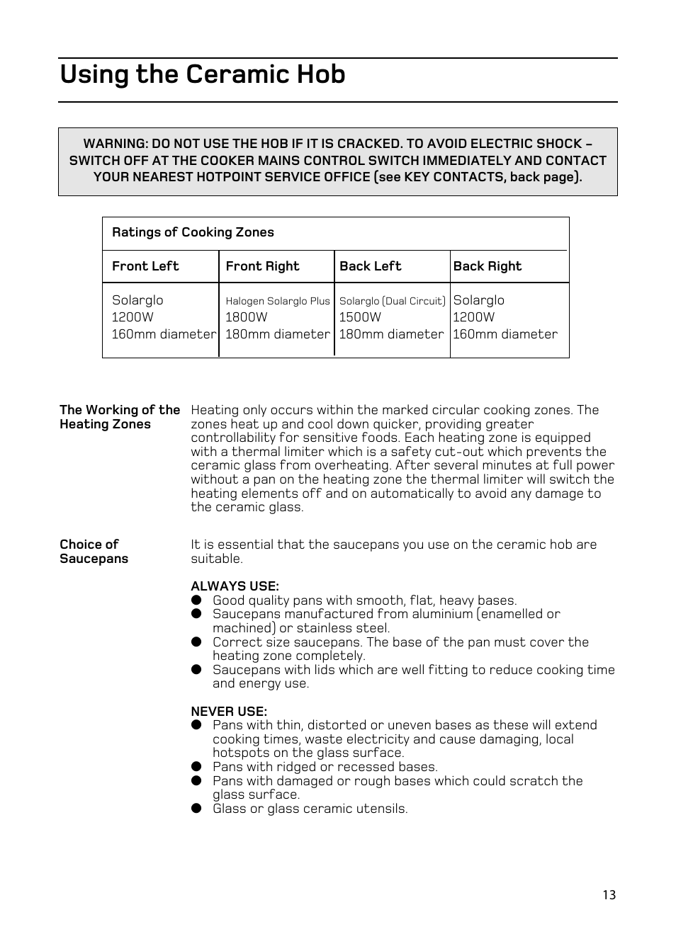 Using the ceramic hob | Hotpoint EW93 User Manual | Page 13 / 36