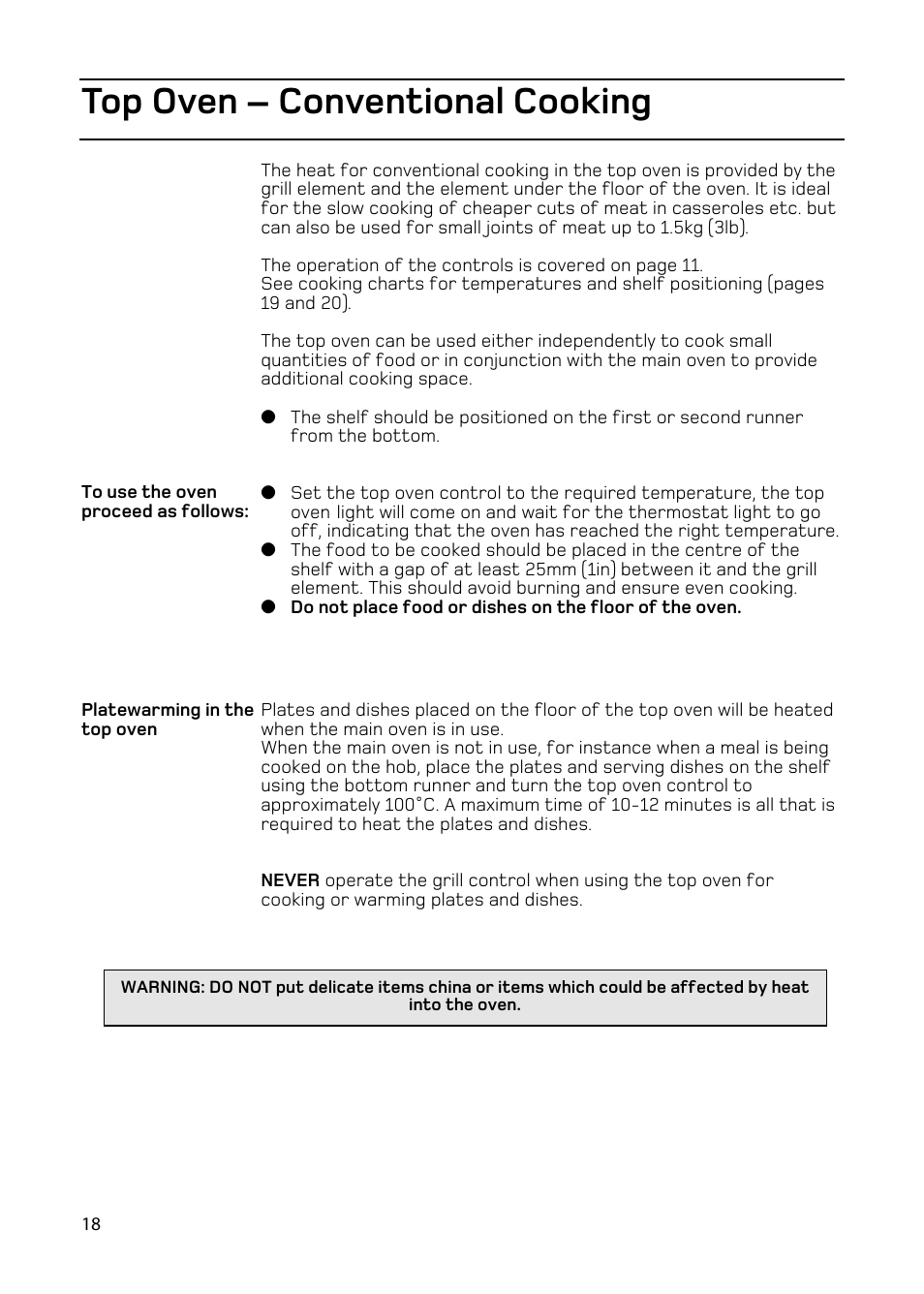 Top oven – conventional cooking | Hotpoint EW93 User Manual | Page 18 / 36