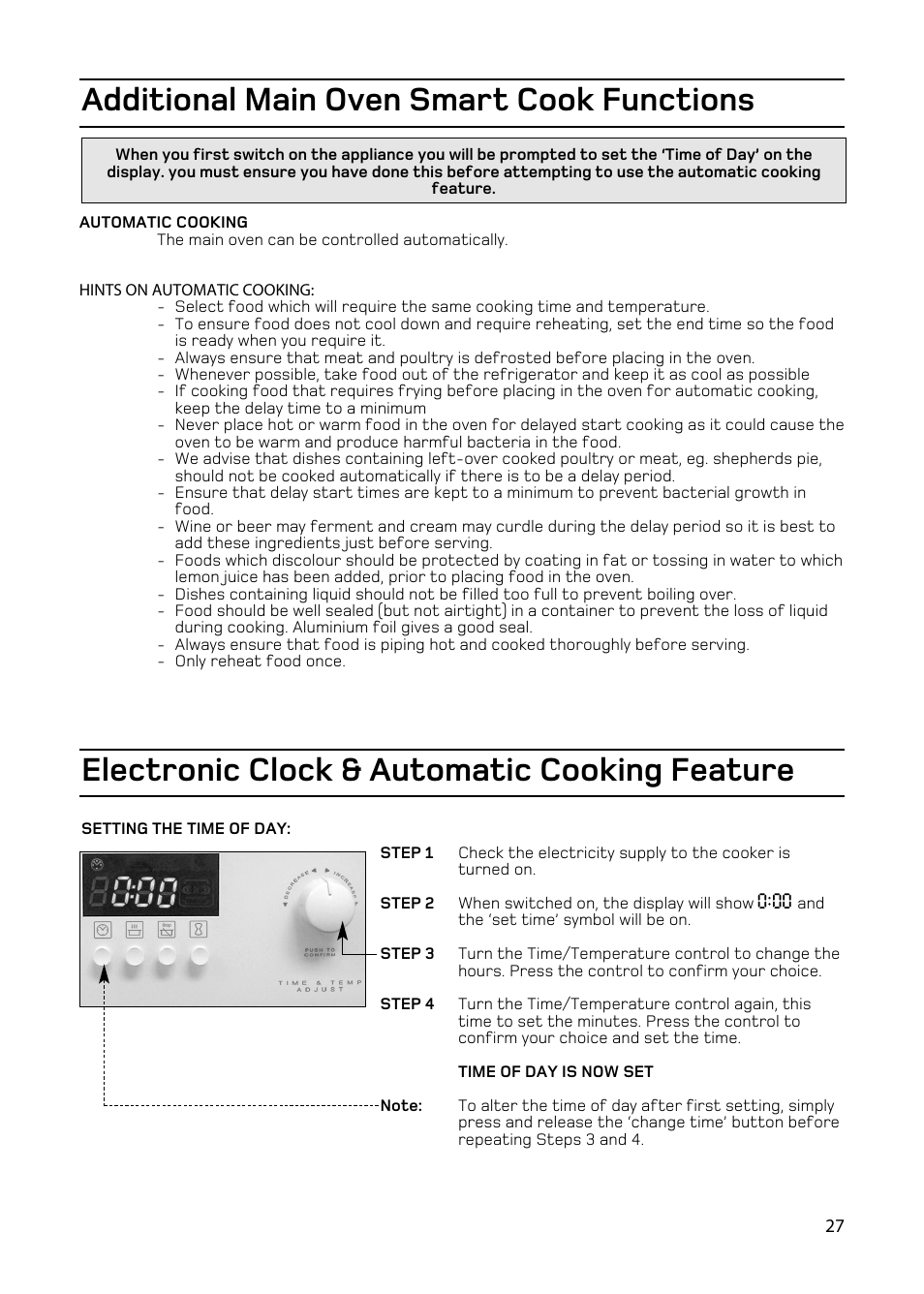 Additional main oven smart cook functions, Electronic clock & automatic cooking feature | Hotpoint EW93 User Manual | Page 27 / 36