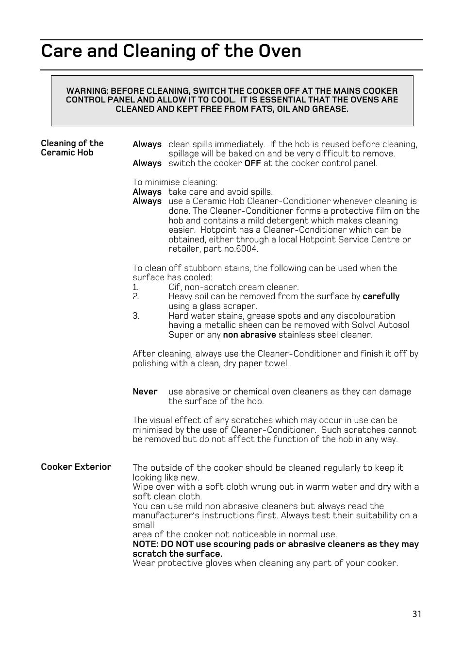 Care and cleaning of the oven | Hotpoint EW93 User Manual | Page 31 / 36