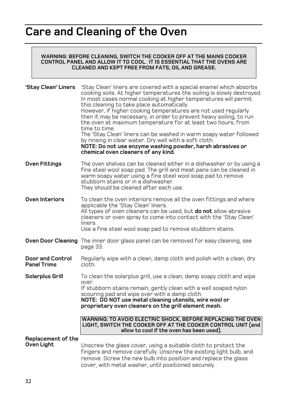 Care and cleaning of the oven | Hotpoint EW93 User Manual | Page 32 / 36