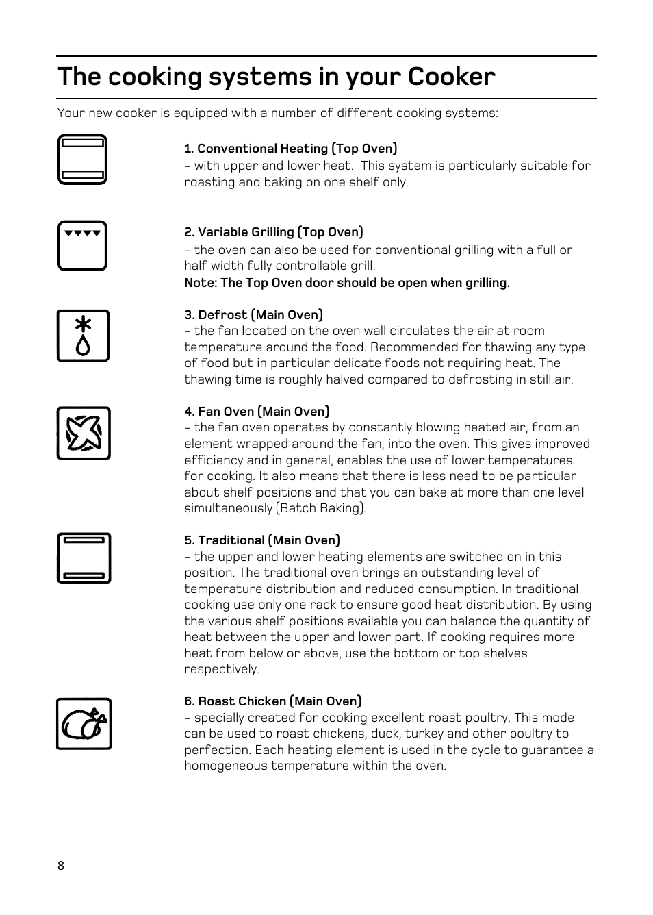 The cooking systems in your cooker | Hotpoint EW93 User Manual | Page 8 / 36