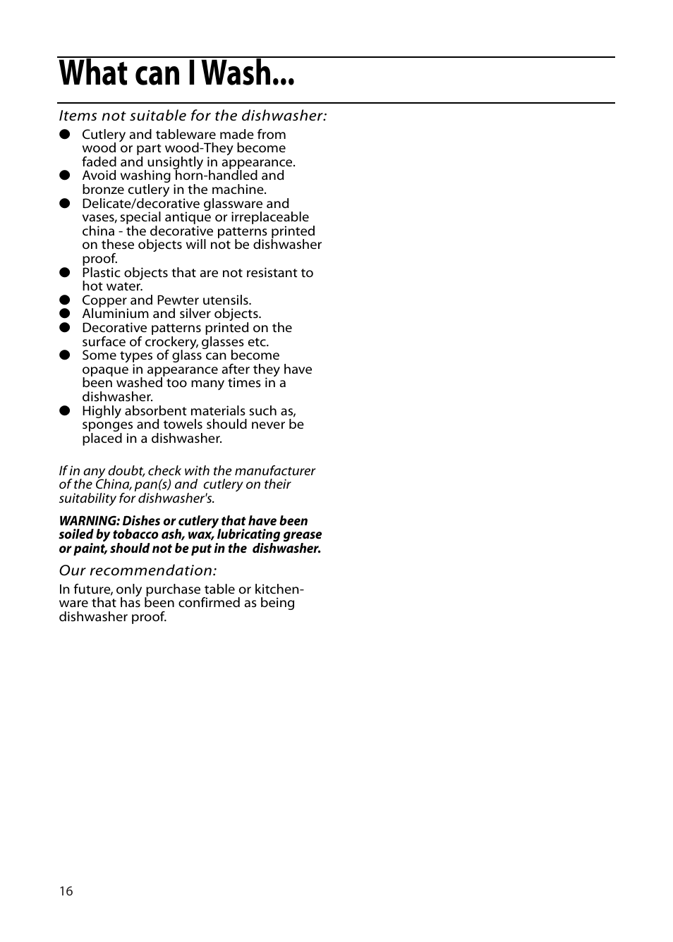 What can i wash | Hotpoint DF55 User Manual | Page 16 / 28