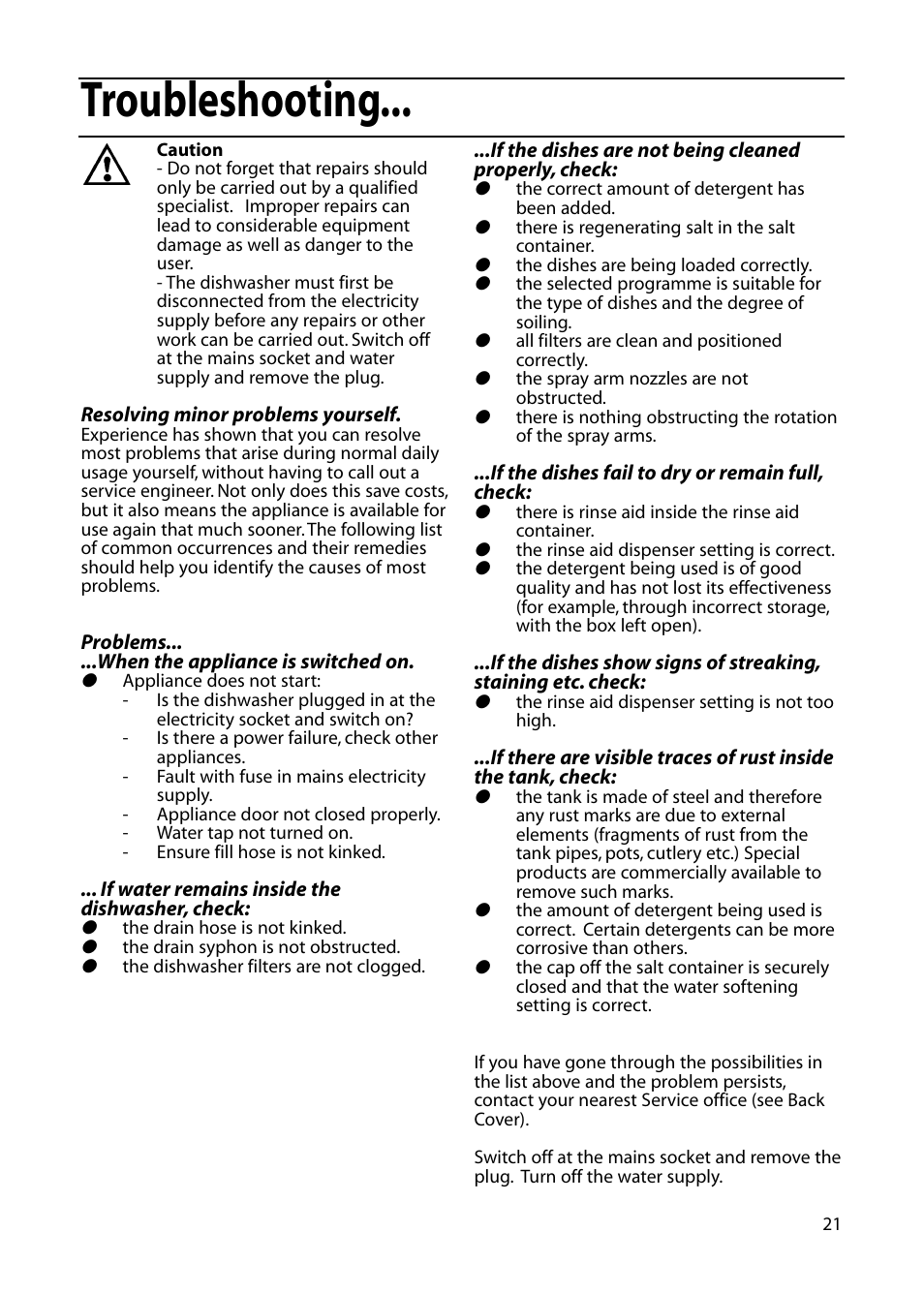 Troubleshooting | Hotpoint DF55 User Manual | Page 21 / 28