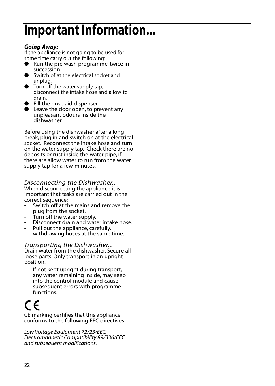 Important information | Hotpoint DF55 User Manual | Page 22 / 28