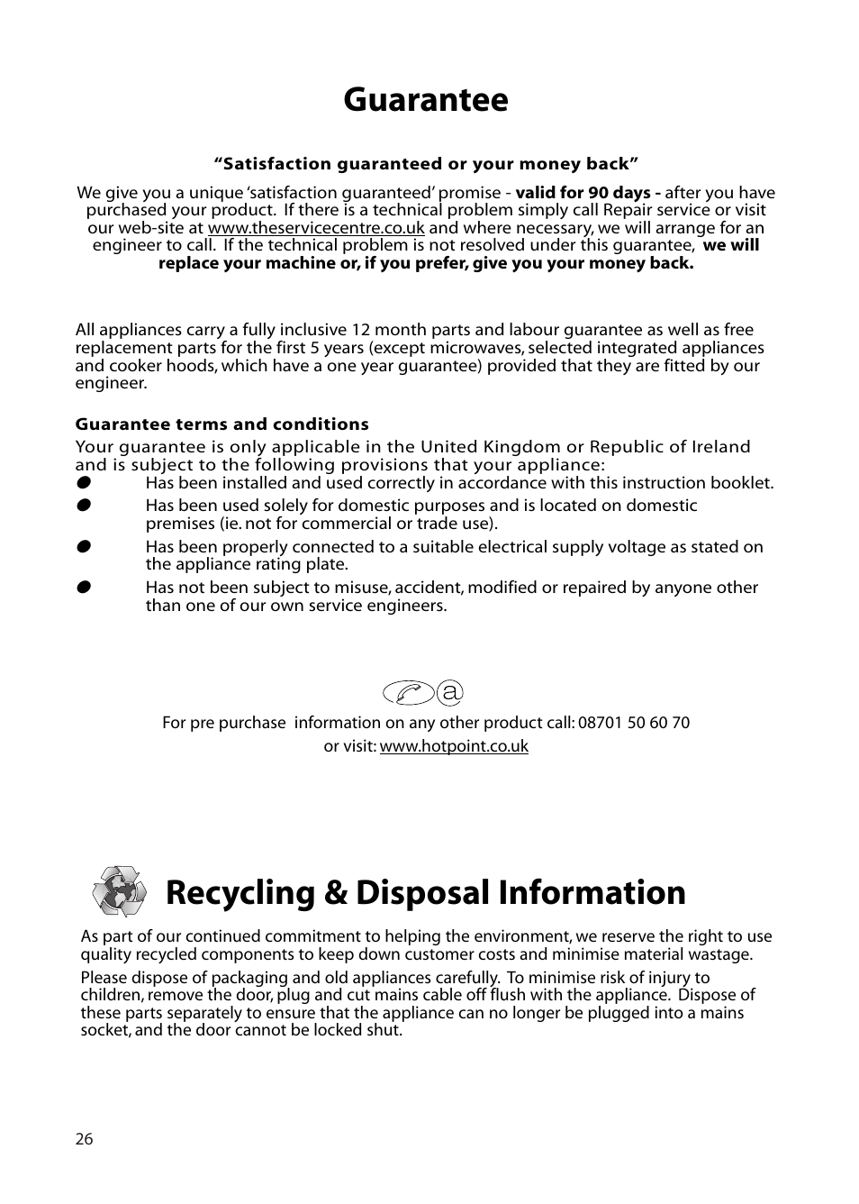 Guarantee, Recycling & disposal information | Hotpoint DF55 User Manual | Page 26 / 28
