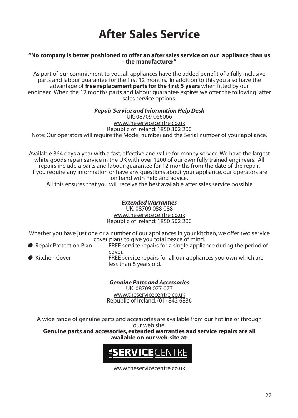 After sales service | Hotpoint DF55 User Manual | Page 27 / 28