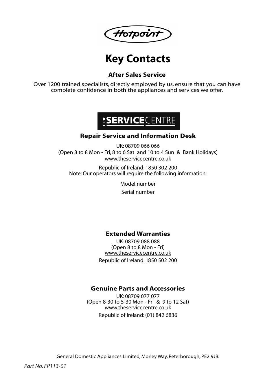 Key contacts | Hotpoint DF55 User Manual | Page 28 / 28