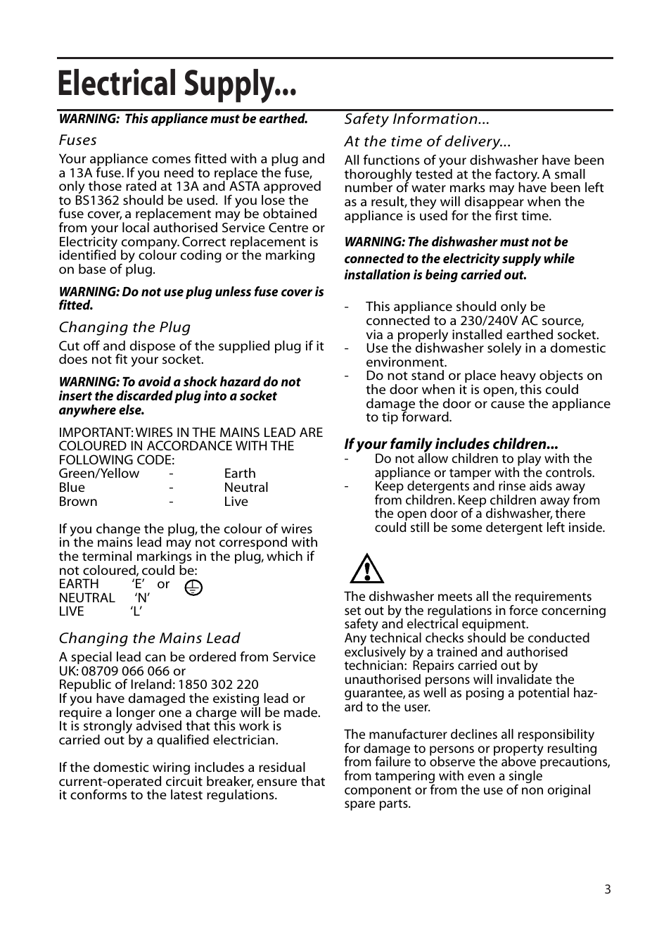 Electrical supply | Hotpoint DF55 User Manual | Page 3 / 28