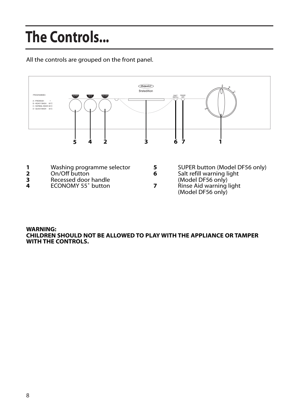 The controls | Hotpoint DF55 User Manual | Page 8 / 28