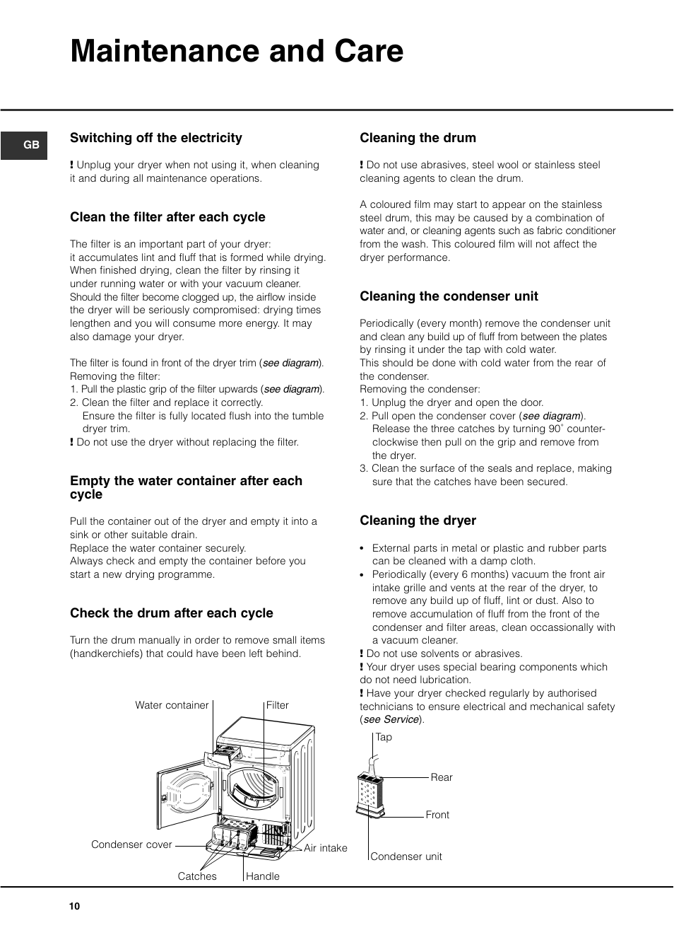 Maintenance and care | Hotpoint CTD80 User Manual | Page 12 / 16