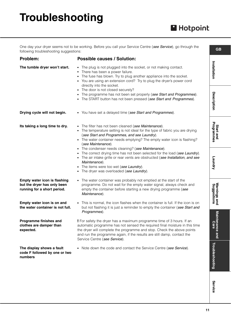 Troubleshooting, Problem, Possible causes / solution | Hotpoint CTD80 User Manual | Page 13 / 16