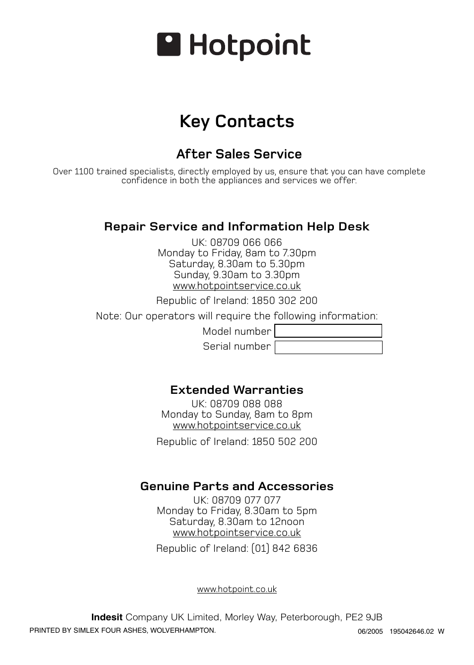 Key contacts, After sales service | Hotpoint CTD80 User Manual | Page 16 / 16