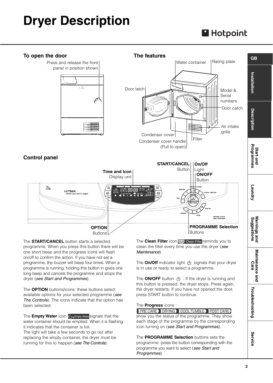 Dryer description, Control panel | Hotpoint CTD80 User Manual | Page 5 / 16