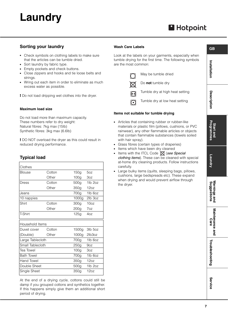 Laundry, Sorting your laundry, Typical load | Hotpoint CTD80 User Manual | Page 9 / 16