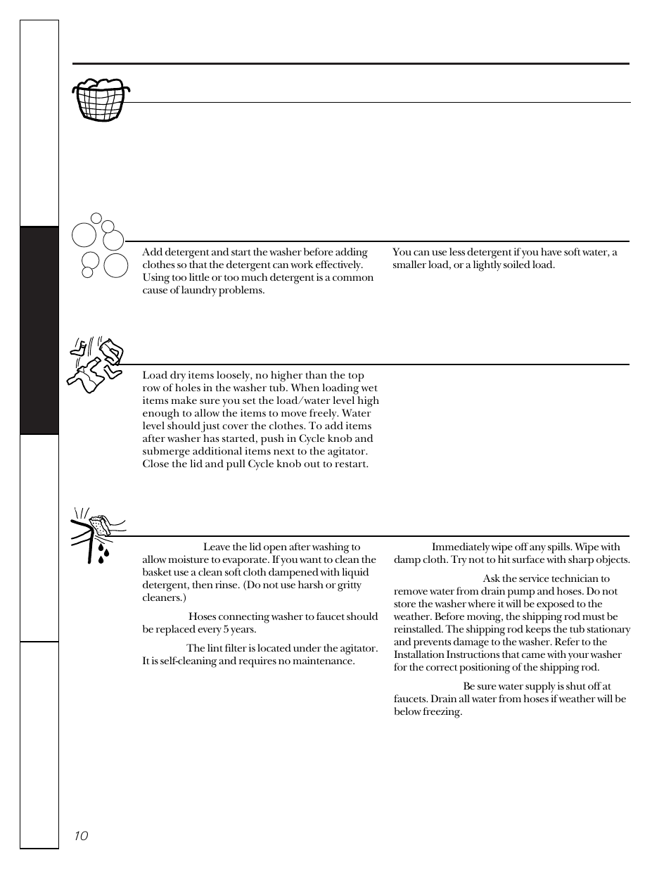 Loading and using the washer, Loading and using the washer , 11, Sorting wash loads proper use of detergent | Loading the washer, Care and cleaning of the washer | Hotpoint VBSR2060 User Manual | Page 10 / 16