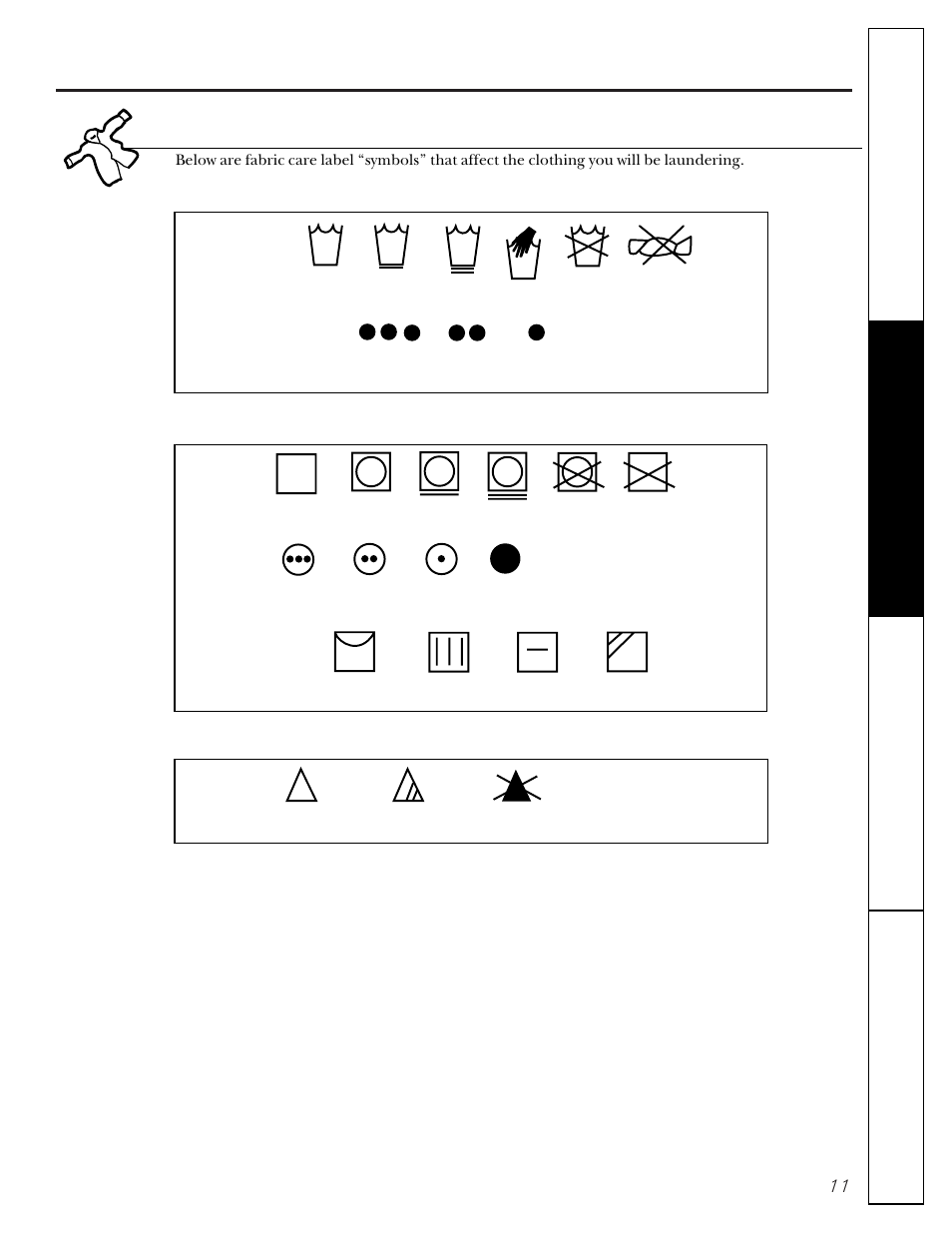 Fabric care labels, Machine wash cycle, Water temperature | Tumble dry, Heat setting, Special instructions, Bleach symbols, Wash labels dry labels bleach labels | Hotpoint VBSR2060 User Manual | Page 11 / 16