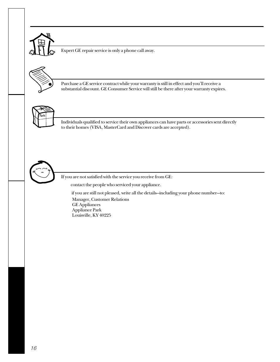 Customer service, Service telephone numbers, Service telephone numbers. in-home repair service | Service contracts, Parts and accessories, Service satisfaction | Hotpoint VBSR2060 User Manual | Page 16 / 16