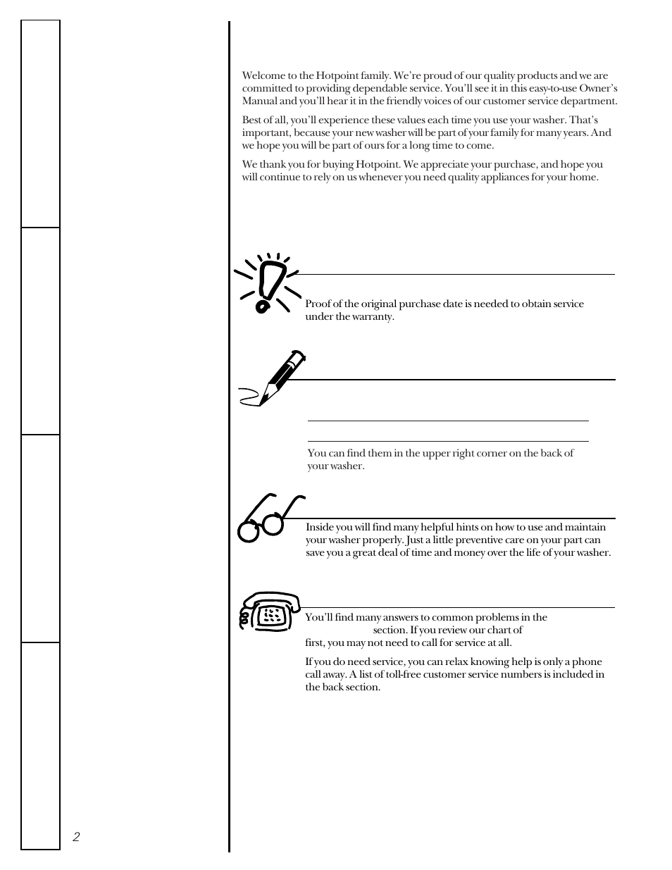 A service partnership, For your records, Read this manual if you need service | Important | Hotpoint VBSR2060 User Manual | Page 2 / 16