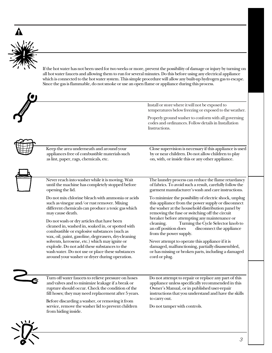 Safety information, Warning, Water heater safety | Proper installation, Your laundry area, When using the washer | Hotpoint VBSR2060 User Manual | Page 3 / 16