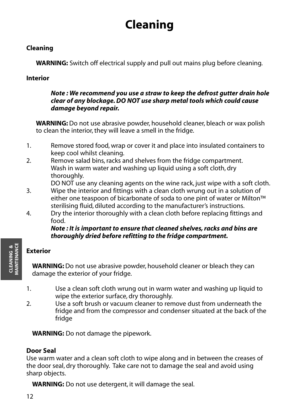 Cleaning | Hotpoint Larger Fridge RLM64 User Manual | Page 12 / 20