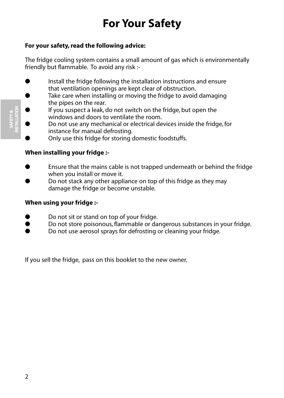 For your safety | Hotpoint Larger Fridge RLM64 User Manual | Page 2 / 20