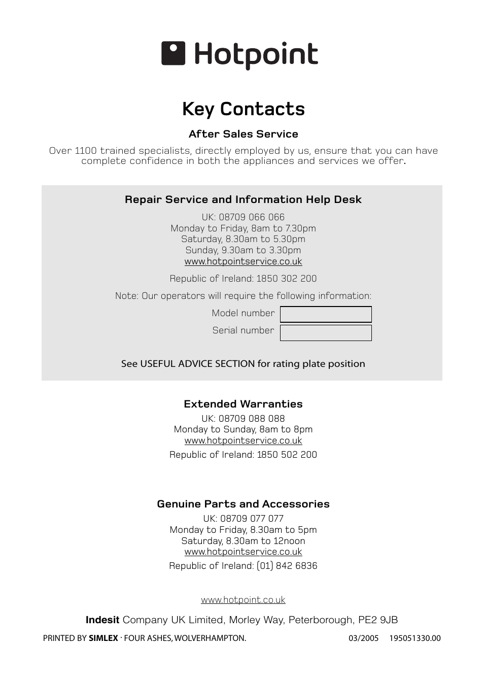 Key contacts | Hotpoint Larger Fridge RLM64 User Manual | Page 20 / 20