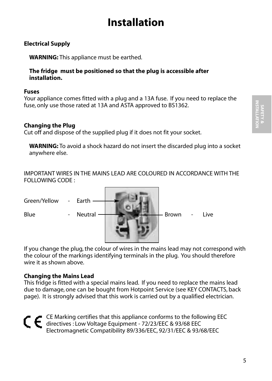Installation | Hotpoint Larger Fridge RLM64 User Manual | Page 5 / 20