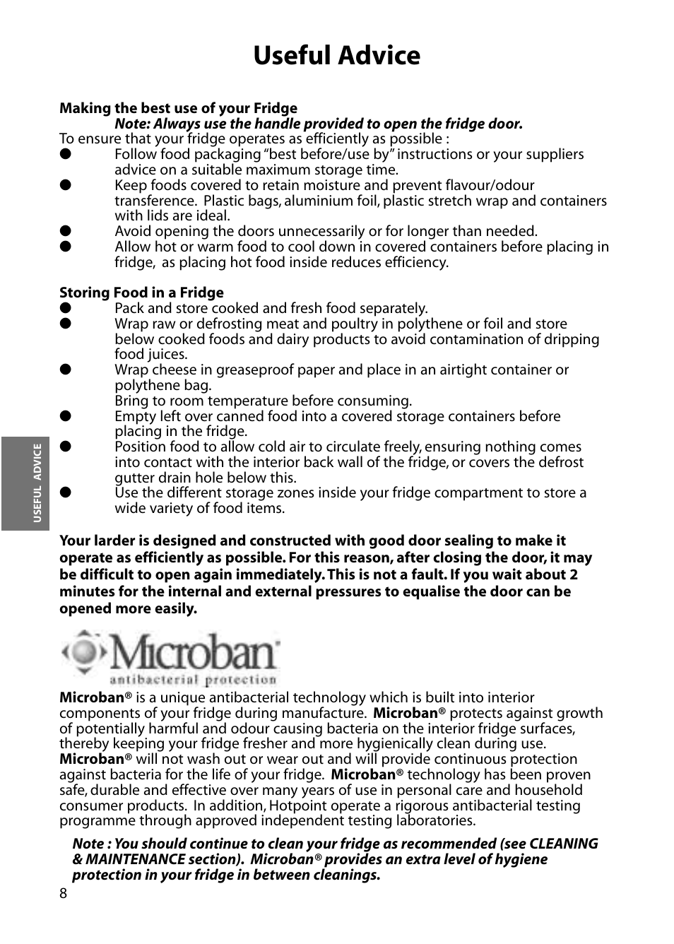 Useful advice | Hotpoint Larger Fridge RLM64 User Manual | Page 8 / 20