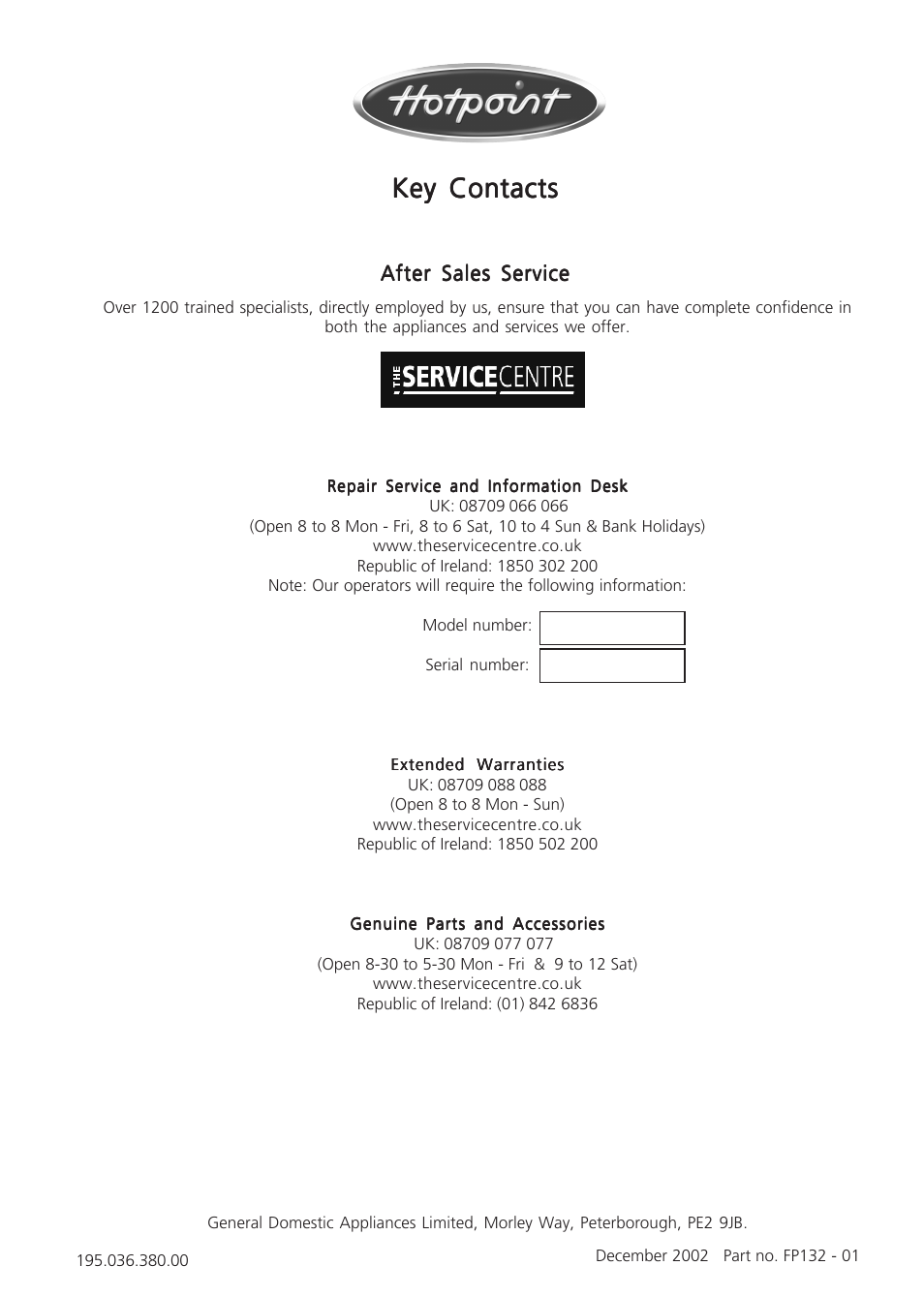Key contacts | Hotpoint HM312I User Manual | Page 16 / 16