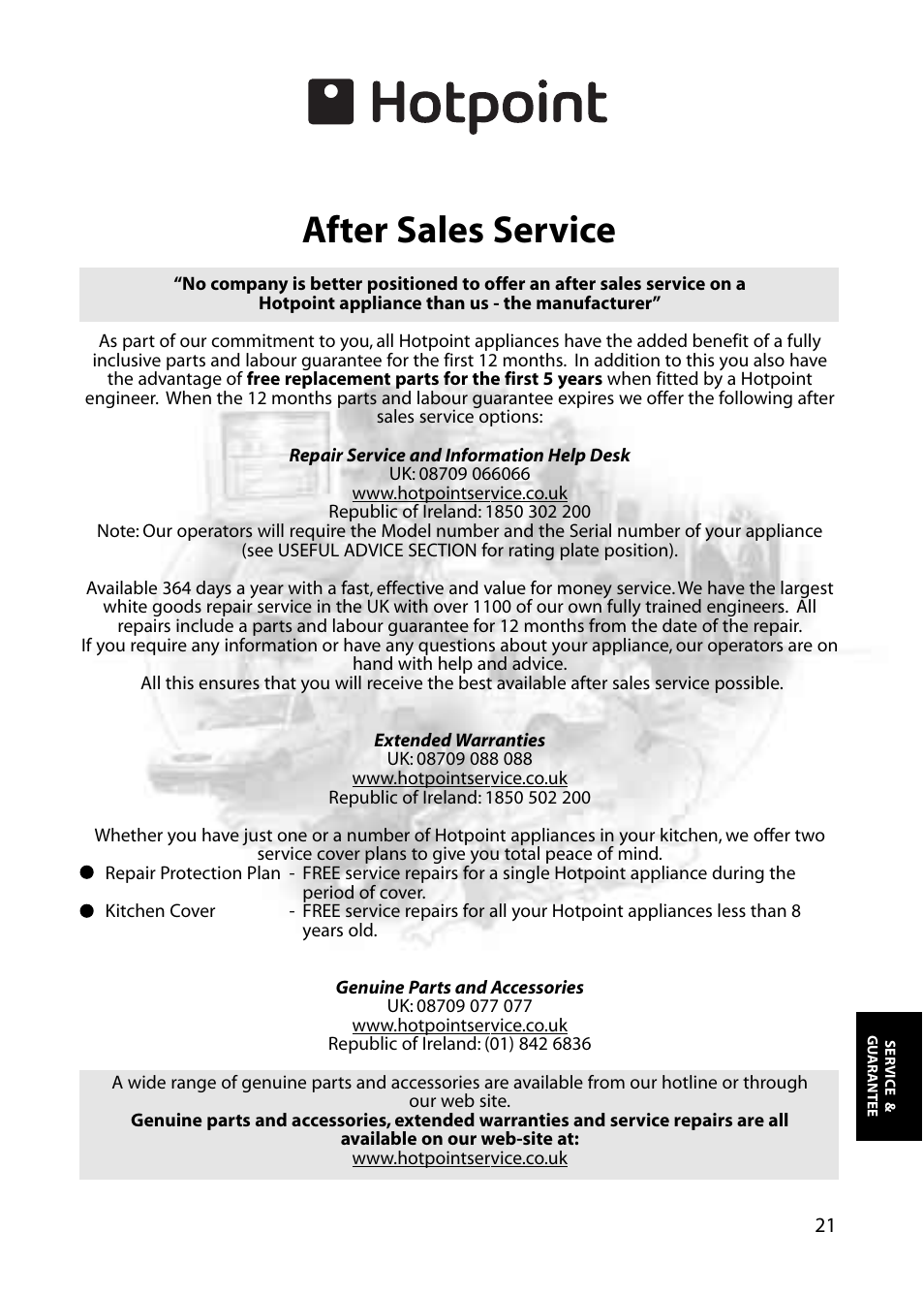 After sales service | Hotpoint RFA06 User Manual | Page 21 / 24