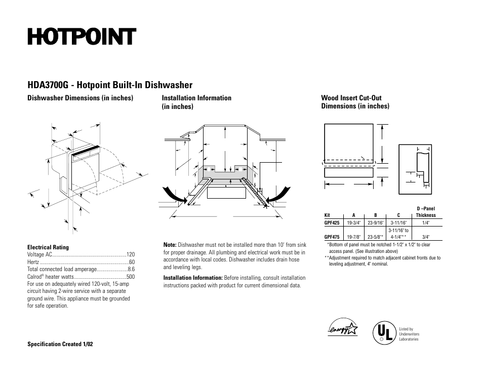 Hotpoint HDA3700G User Manual | 2 pages