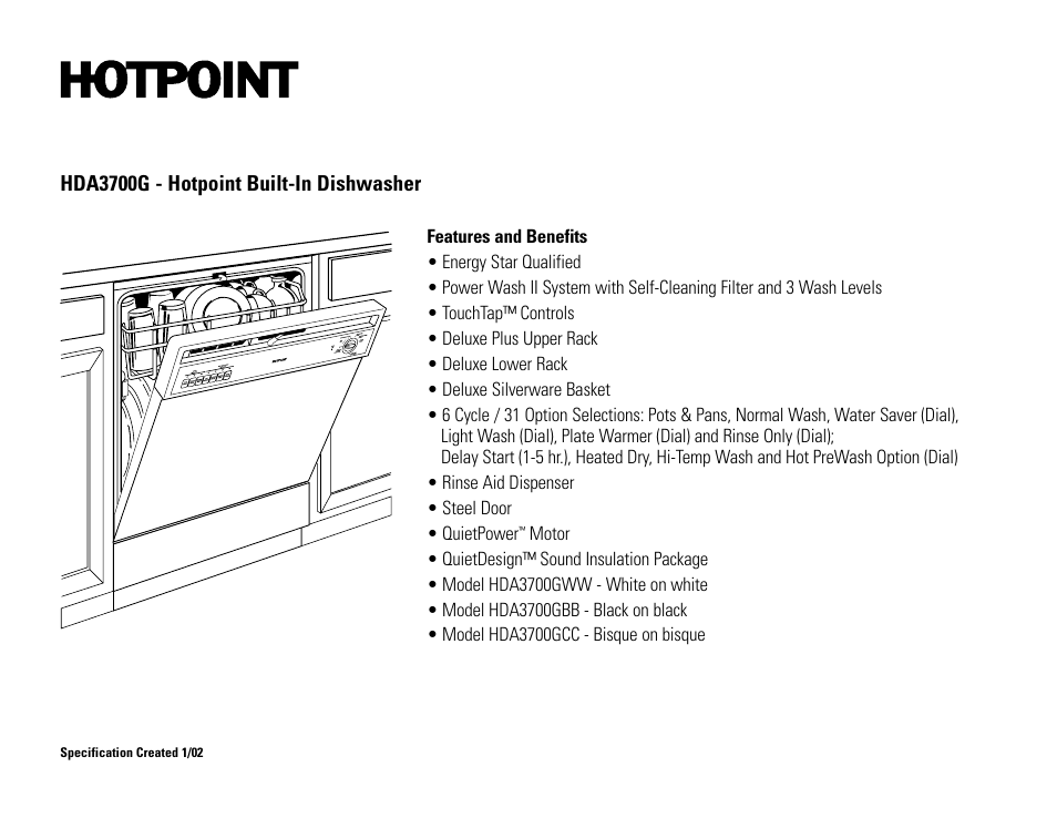 Hda3700g - hotpoint built-in dishwasher | Hotpoint HDA3700G User Manual | Page 2 / 2