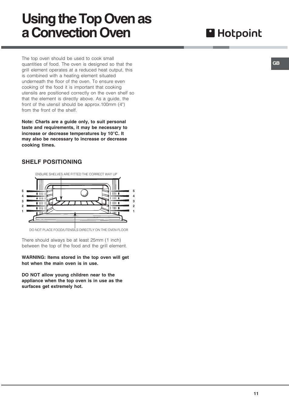 Using the top oven as a convection oven, Shelf positioning | Hotpoint BU72B2 User Manual | Page 11 / 32