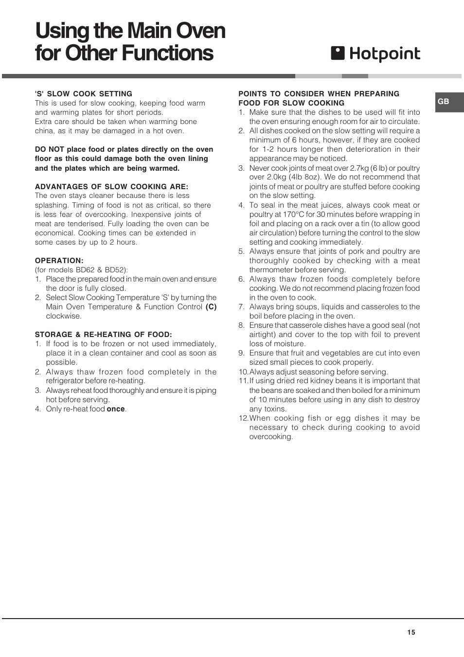 Using the main oven for other functions | Hotpoint BU72B2 User Manual | Page 15 / 32