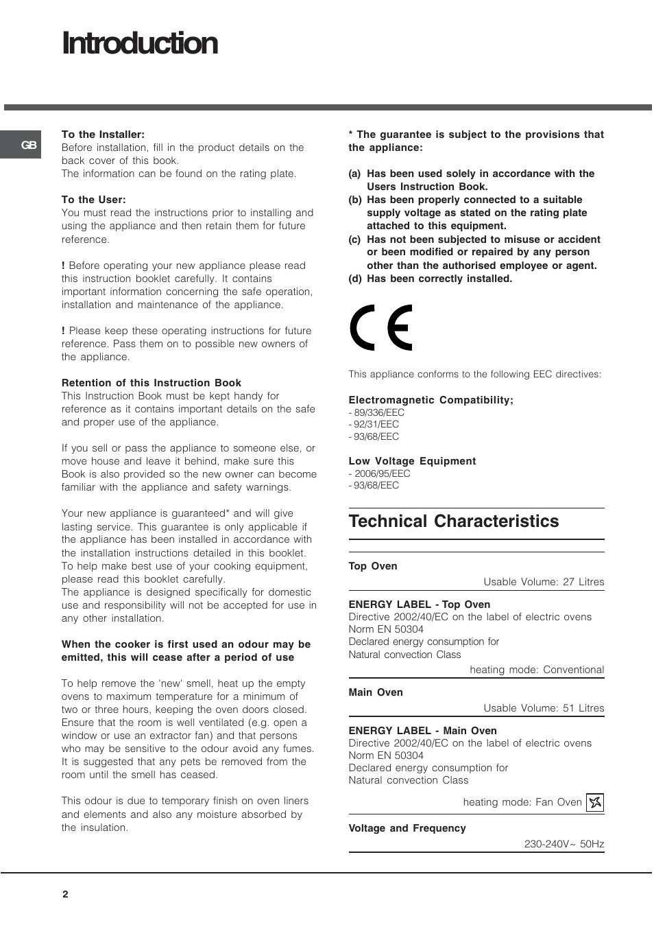 Introduction, Technical characteristics | Hotpoint BU72B2 User Manual | Page 2 / 32